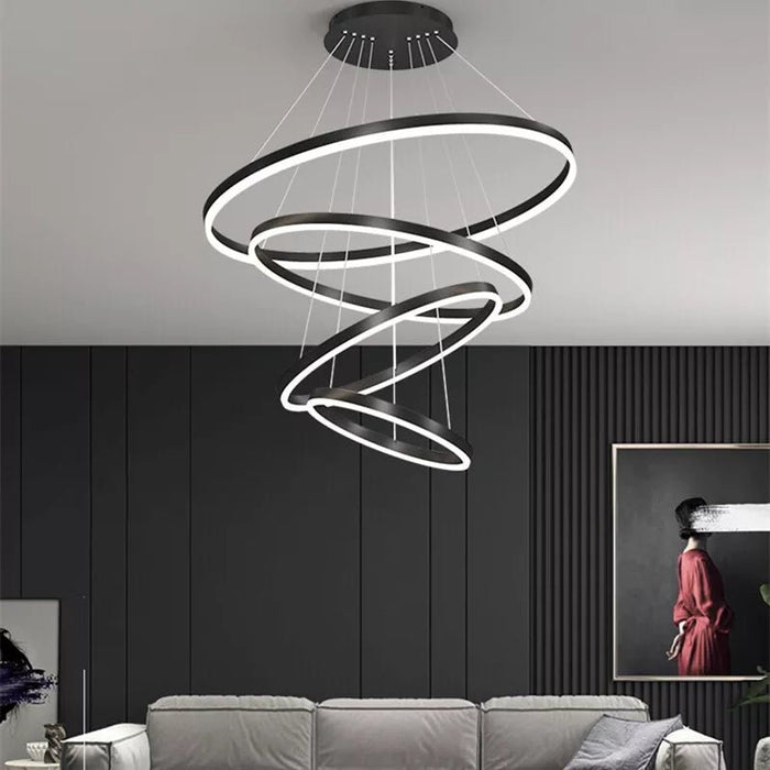 BAMDECOR Modern LED Chandelier, Dimmable Pendant Light with Remote Control Rings Round Ceiling Lighting Fixture 3 Color Temperatures Contemporary Chandeliers (4 Rings - Black) - Amazingooh Wholesale