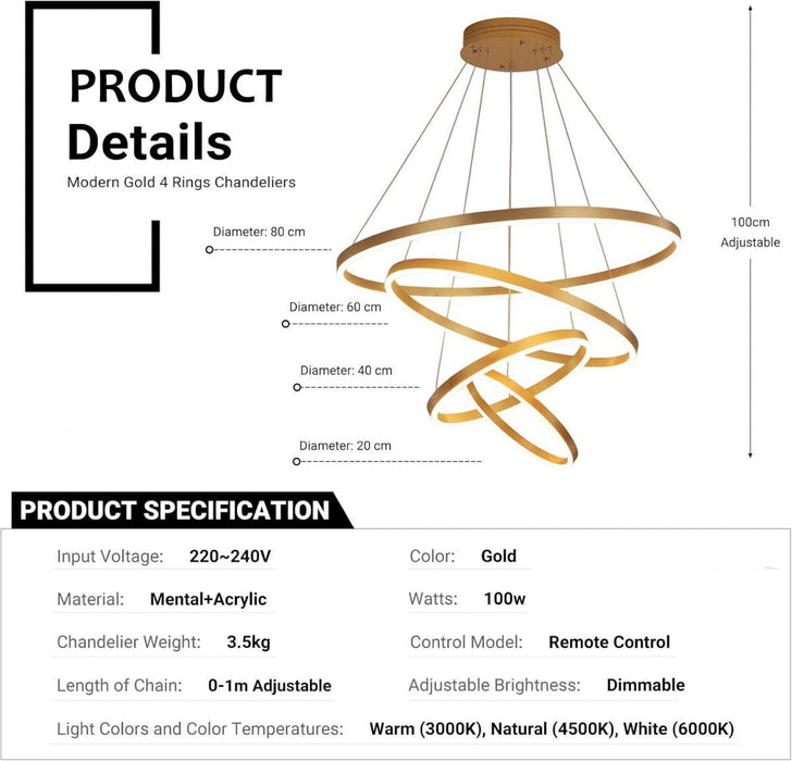 BAMDECOR Modern LED Chandelier, Dimmable Pendant Light with Remote Control Rings Round Ceiling Lighting Fixture 3 Color Temperatures Contemporary Chandeliers (4 Rings - Gold) - Amazingooh Wholesale