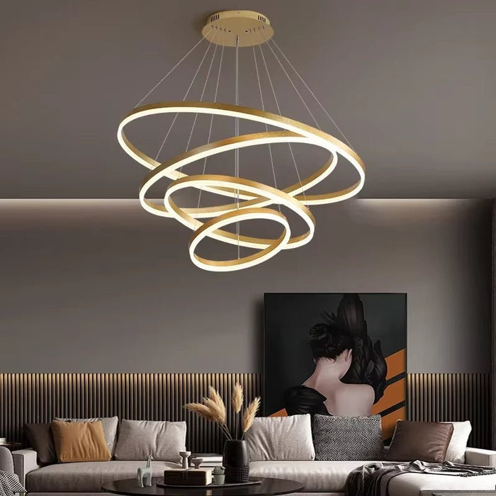 BAMDECOR Modern LED Chandelier, Dimmable Pendant Light with Remote Control Rings Round Ceiling Lighting Fixture 3 Color Temperatures Contemporary Chandeliers (4 Rings - Gold) - Amazingooh Wholesale