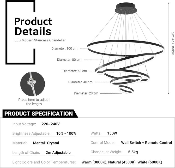 BAMDECOR Modern LED Chandelier, Dimmable Pendant Light with Remote Control Rings Round Ceiling Lighting Fixture 3 Color Temperatures Contemporary Chandeliers (5 Rings - Black) - Amazingooh Wholesale