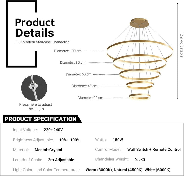 BAMDECOR Modern LED Chandelier, Dimmable Pendant Light with Remote Control Rings Round Ceiling Lighting Fixture 3 Color Temperatures Contemporary Chandeliers (5 Rings - Gold) - Amazingooh Wholesale