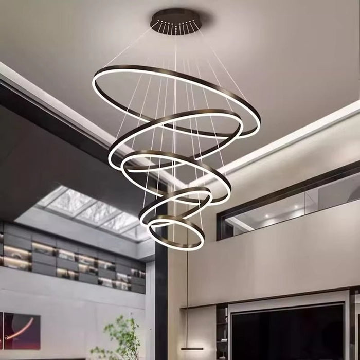BAMDECOR Modern LED Chandelier, Dimmable Pendant Light with Remote Control Rings Round Ceiling Lighting Fixture 3 Color Temperatures Contemporary Chandeliers (5 Rings - Black) - Amazingooh Wholesale