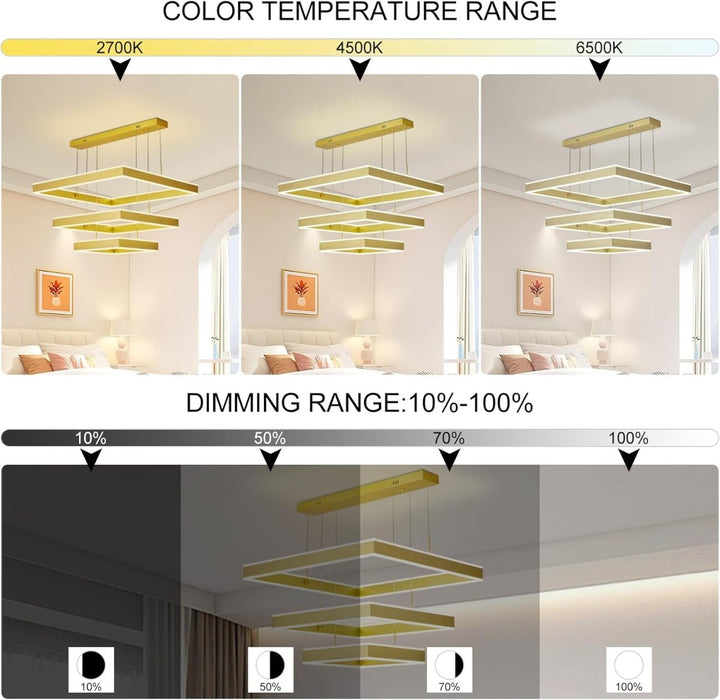BAMDECOR SQ18882/4 Gold Modern Minimalist Square Pendant Light Adjustable LED Chandelier for Bar, Dining Room, Office - Amazingooh Wholesale