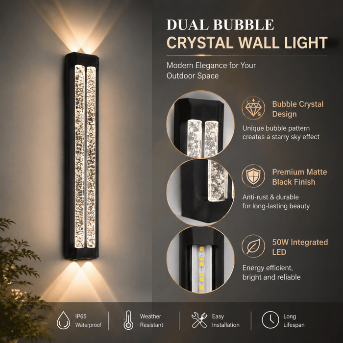 BAMDECOR WL2601 Dual Matte Black Bubble Crystal IP66 Outdoor Contemporary Exterior Light - Amazingooh Wholesale