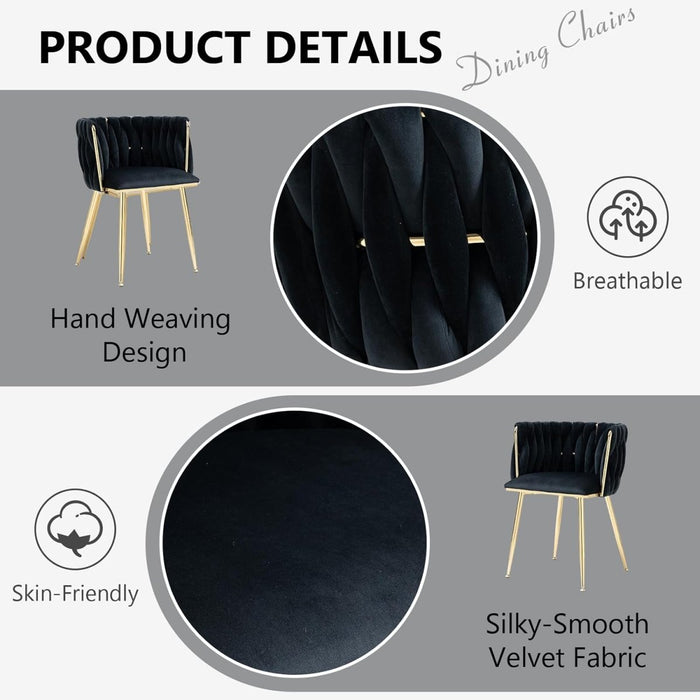 Black Modern Hand Weaving Dining Chairs,Velvet Upholstered Side Chairs with Gold Legs, Chic Vanity Chairs with Armrest, Accent Chair for Dining Room, and Cafe Set of 2 - Amazingooh Wholesale
