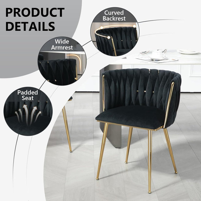 Black Modern Hand Weaving Dining Chairs,Velvet Upholstered Side Chairs with Gold Legs, Chic Vanity Chairs with Armrest, Accent Chair for Dining Room, and Cafe Set of 2 - Amazingooh Wholesale