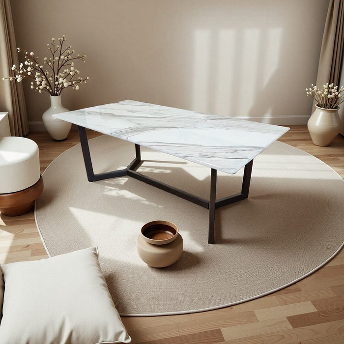 Calacatta White 120x60cm Minimalist Sintered Stone Coffee Table Tea Table Living Room Rectangle Cocktail Side Table Solid Metal Legs - Amazingooh Wholesale