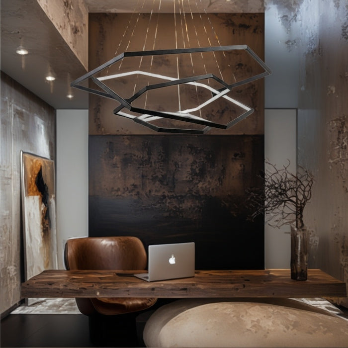 BAMDECOR AD2582/4 Modern LED Chandelier, Hexagonal Rings Ceiling Lighting Contemporary Chandeliers (4 Rings-Black)