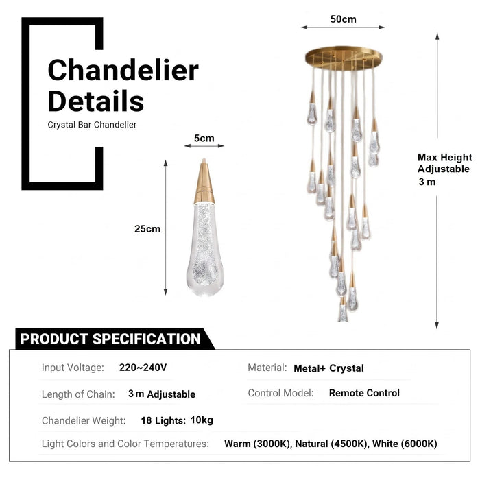 BAMDECOR LT12 18-Heads Solid Crystal Rain drop Chandelier High Ceiling Foyers Entrance Chandeliers Staircase Long Pendant Light (Silver Insert)