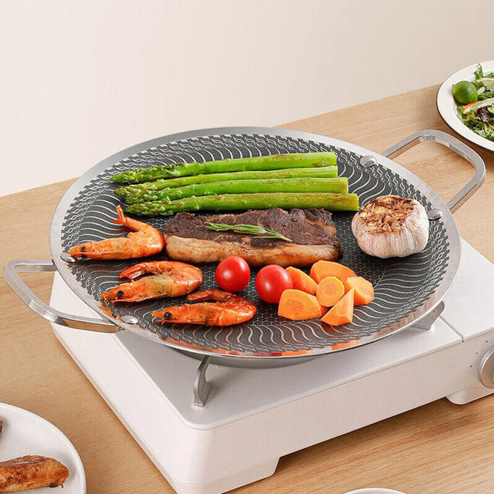 Honeycomb Non - Stick Grill Skewer Plate, 316 Stainless Steel, Portable Barbecue Grill with Handle, Universal Induction Cooktop Compatible, Round Shape, Outdoor Camping BBQ Accessory - Amazingooh Wholesale