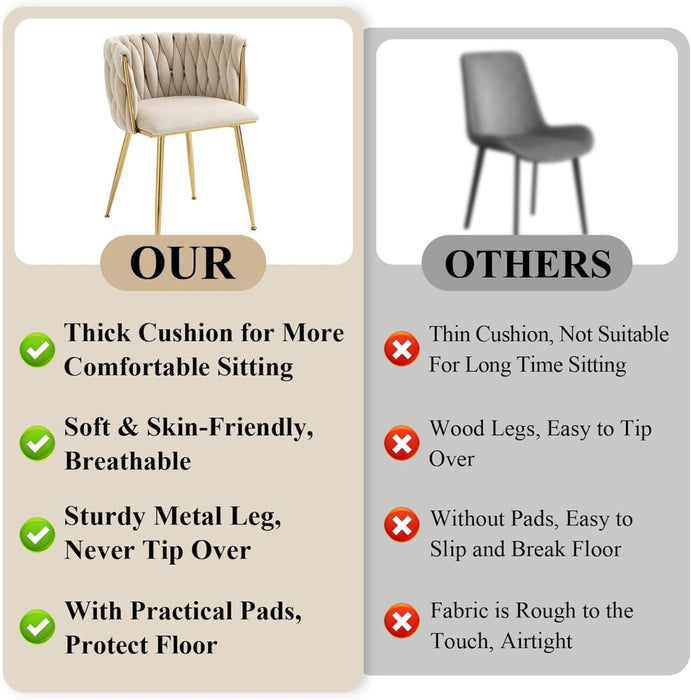 Ivory Modern Hand Weaving Dining Chairs,Velvet Upholstered Side Chairs with Gold Legs, Chic Vanity Chairs with Armrest, Accent Chair for Dining Room, and Cafe Set of 2 - Amazingooh Wholesale