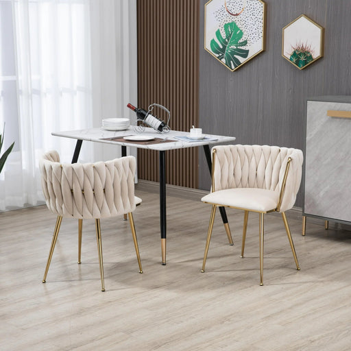 Ivory Modern Hand Weaving Dining Chairs,Velvet Upholstered Side Chairs with Gold Legs, Chic Vanity Chairs with Armrest, Accent Chair for Dining Room, and Cafe Set of 2 - Amazingooh Wholesale