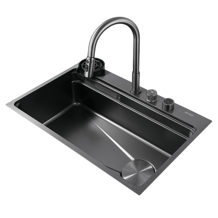 Kitchen Sink 304 Stainless Steel Nano Raindance Waterfall Sink with Pull - Out Tap, Chopping Board, Cup Washer Domestic Single Bowl Big Sink Set Integrated Sinks - Amazingooh Wholesale
