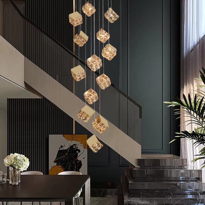 BAMDECOR LT02 18 Hanging Crystal Cube Chandelier LED Chandelier for Dining Room, Luxury Dimmable Enterway Led Pendant Lights Fixture (Gold)
