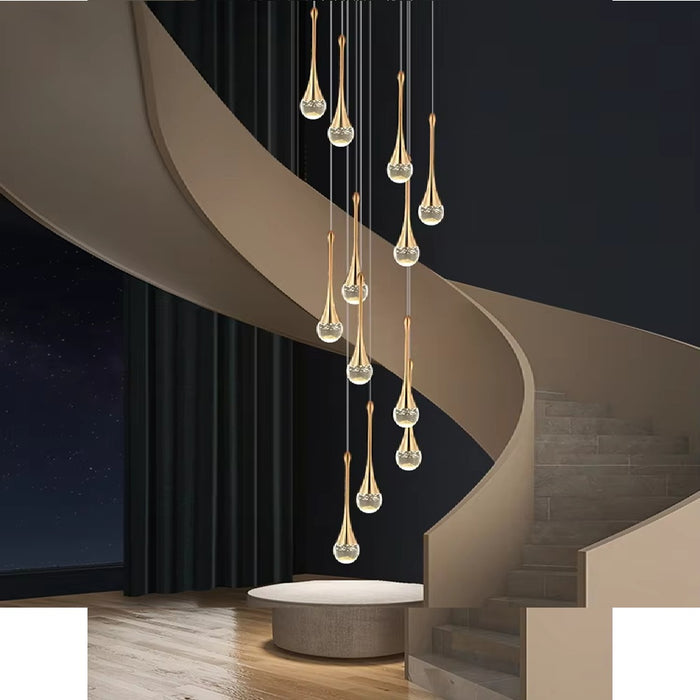 BAMDECOR LT08 12-Heads Solid Crystal Teardrop Chandelier High Ceiling Foyers Entrance Chandeliers Staircase Long Pendant Light (Gold)