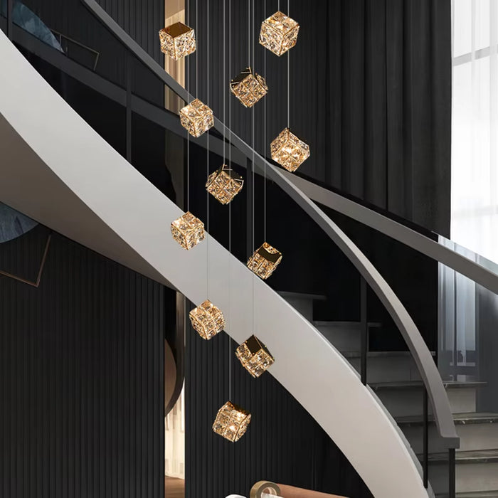 BAMDECOR LT02 18 Hanging Crystal Cube Chandelier LED Chandelier for Dining Room, Luxury Dimmable Enterway Led Pendant Lights Fixture (Gold)