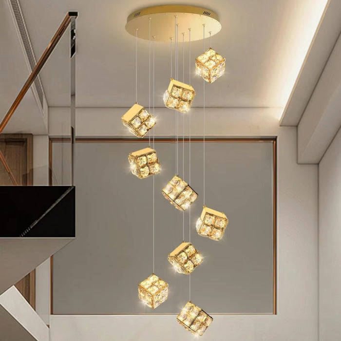 BAMDECOR LT02 9 Hanging Crystal Cube Chandelier LED Chandelier for Dining Room, Luxury Dimmable Enterway Led Pendant Lights Fixture (Gold)