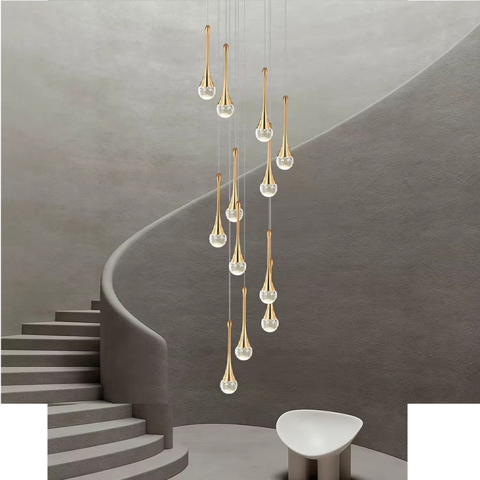 BAMDECOR LT08 12-Heads Solid Crystal Teardrop Chandelier High Ceiling Foyers Entrance Chandeliers Staircase Long Pendant Light (Gold)