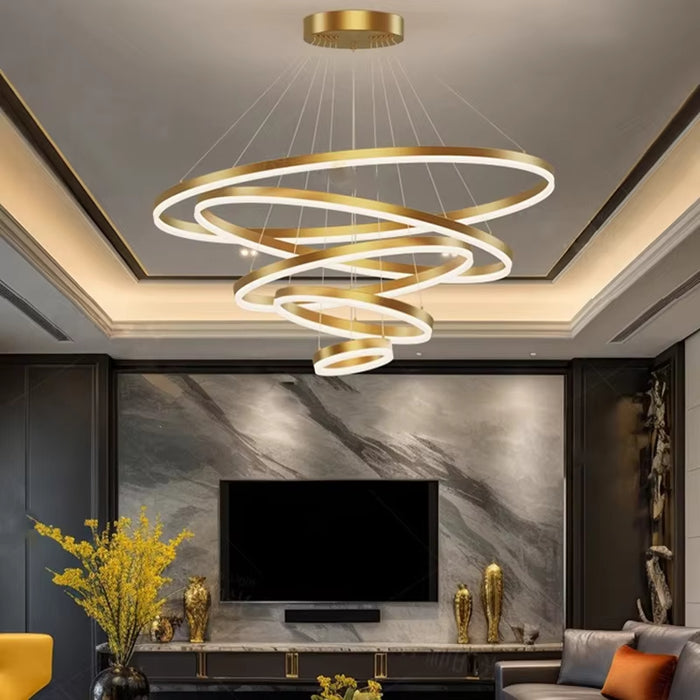 BAMDECOR Modern LED Chandelier, Dimmable Pendant Light with Remote Control Rings Round Ceiling Lighting Fixture 3 Color Temperatures Contemporary Chandeliers (5 Rings-Gold)