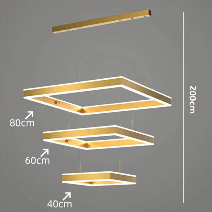 BAMDECOR SQ18882/3 Gold Modern Minimalist Square Pendant Light Adjustable LED Chandelier for Bar, Dining Room, Office