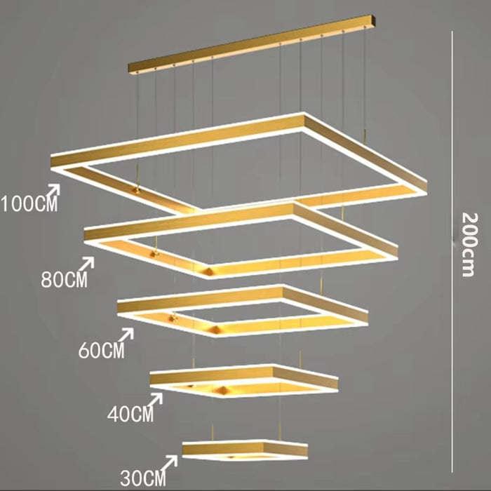 BAMDECOR SQ18882/5 Gold Modern Minimalist Square Pendant Light Adjustable LED Chandelier for Bar, Dining Room, Office