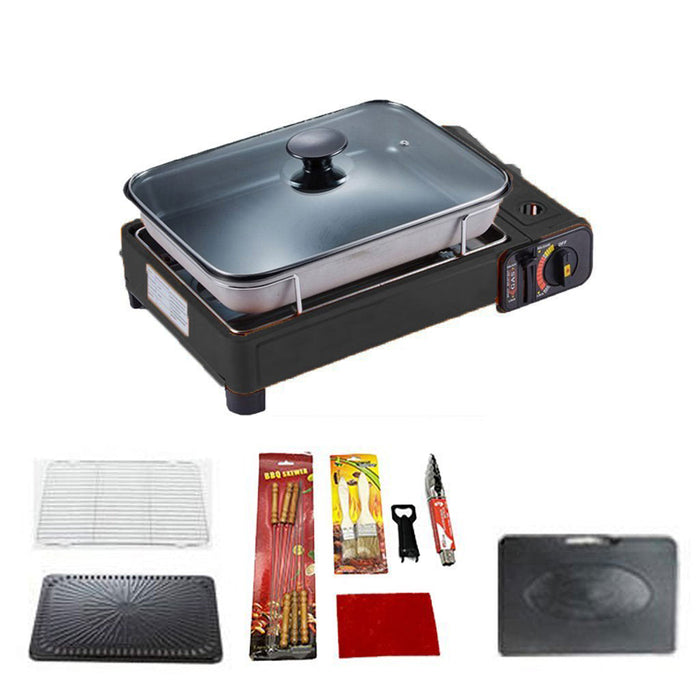 Portable Gas Stove Burner Butane BBQ Camping Gas Cooker With Non Stick Plate Black