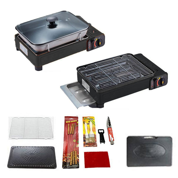 Portable Gas Stove Burner Butane BBQ Camping Gas Cooker With Non Stick Plate Black