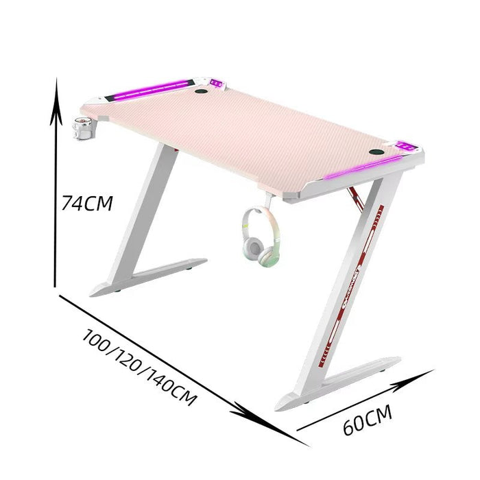 RGB Gaming Desk Home Office Carbon Fiber Led Lights Game Racer Computer PC Table Z - Shaped Pink - Amazingooh Wholesale
