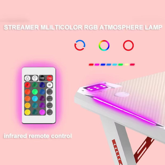 RGB Gaming Desk Home Office Carbon Fiber Led Lights Game Racer Computer PC Table Z - Shaped Pink - Amazingooh Wholesale