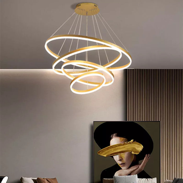 BAMDECOR Modern LED Chandelier, Dimmable Pendant Light with Remote Control Rings Round Ceiling Lighting Fixture 3 Color Temperatures Contemporary Chandeliers (4 Rings-Gold)