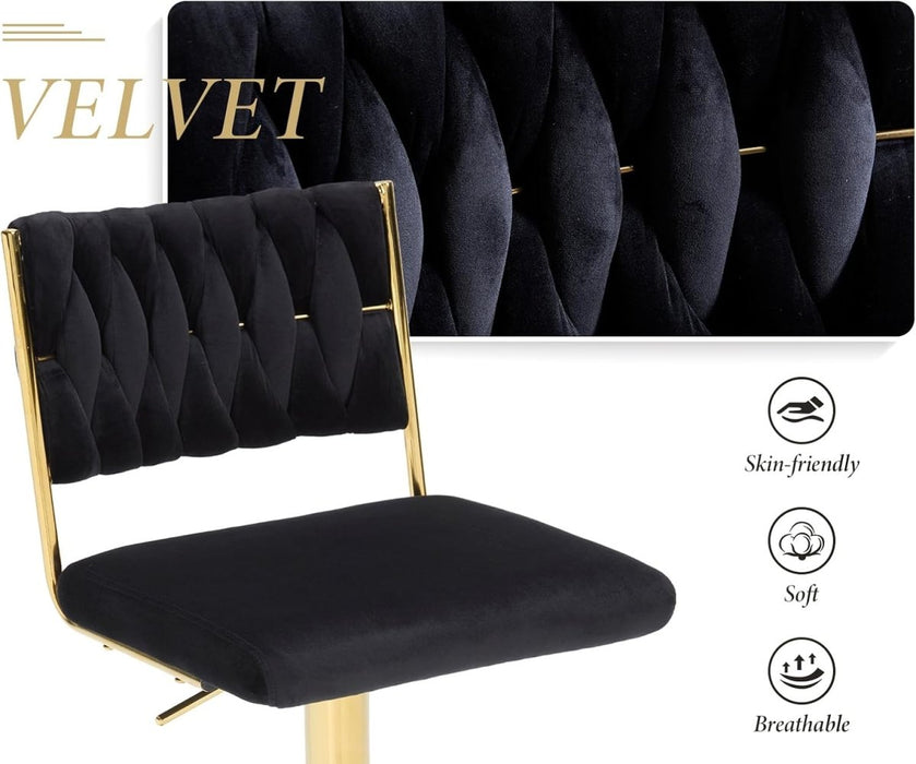 SERENITà 2x Velvet Bar Stools with Braided Back Elegant Kitchen High Chairs, Kitchen Island Stools Adjustable Height Swivel Bar Chairs with Gold Legs for Home - Black - Amazingooh Wholesale