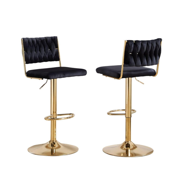 SERENITà 2x Velvet Bar Stools with Braided Back Elegant Kitchen High Chairs, Kitchen Island Stools Adjustable Height Swivel Bar Chairs with Gold Legs for Home - Black - Amazingooh Wholesale