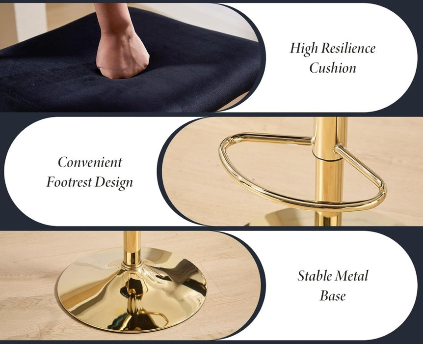 SERENITà 2x Velvet Bar Stools with Braided Back Elegant Kitchen High Chairs, Kitchen Island Stools Adjustable Height Swivel Bar Chairs with Gold Legs for Home - Black - Amazingooh Wholesale
