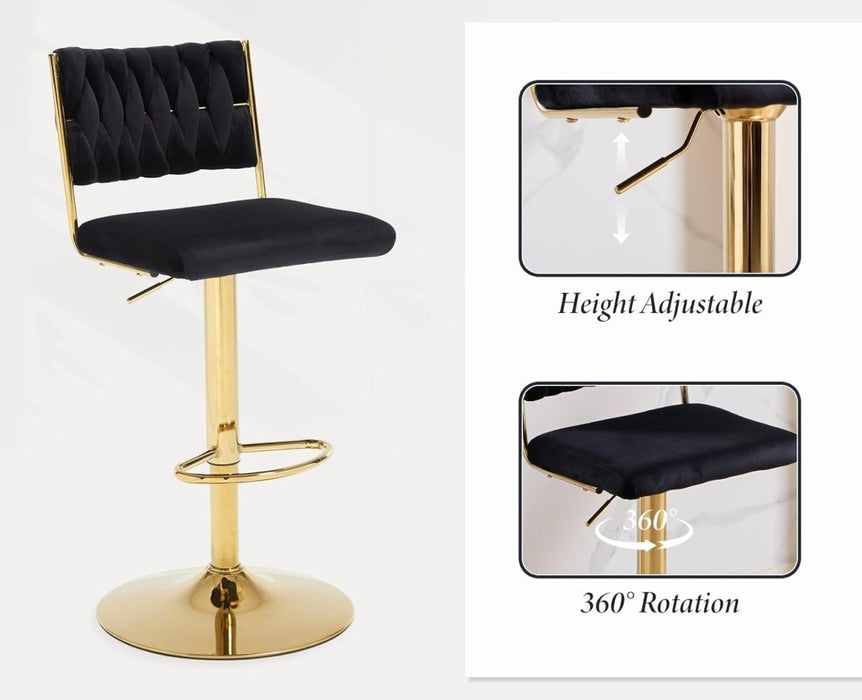SERENITà 2x Velvet Bar Stools with Braided Back Elegant Kitchen High Chairs, Kitchen Island Stools Adjustable Height Swivel Bar Chairs with Gold Legs for Home - Black - Amazingooh Wholesale