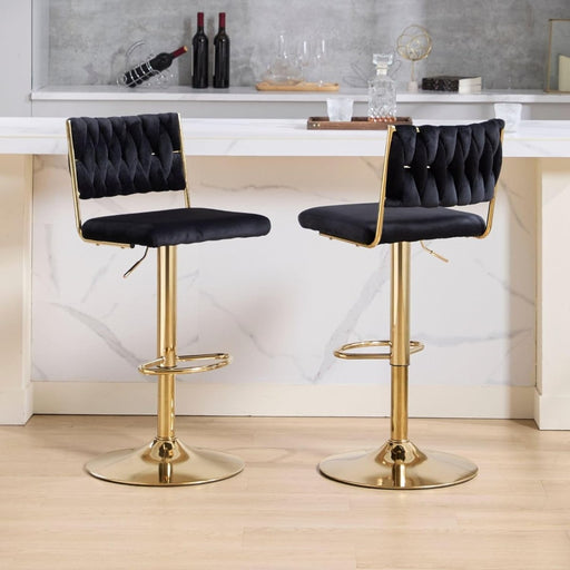 SERENITà 2x Velvet Bar Stools with Braided Back Elegant Kitchen High Chairs, Kitchen Island Stools Adjustable Height Swivel Bar Chairs with Gold Legs for Home - Black - Amazingooh Wholesale