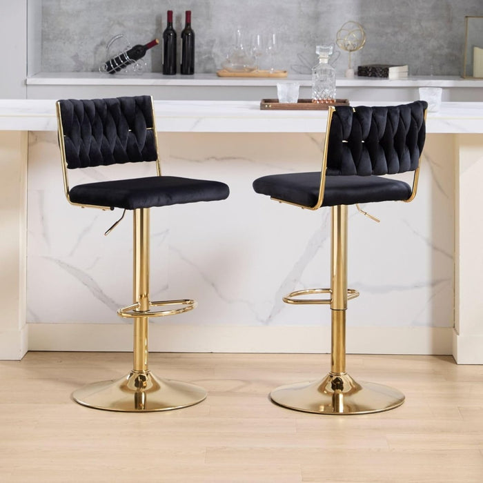 SERENITà 2x Velvet Bar Stools with Braided Back Elegant Kitchen High Chairs, Kitchen Island Stools Adjustable Height Swivel Bar Chairs with Gold Legs for Home - Black - Amazingooh Wholesale