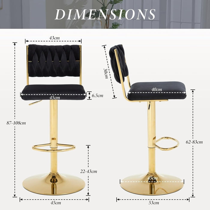 SERENITà 2x Velvet Bar Stools with Braided Back Elegant Kitchen High Chairs, Kitchen Island Stools Adjustable Height Swivel Bar Chairs with Gold Legs for Home - Black - Amazingooh Wholesale