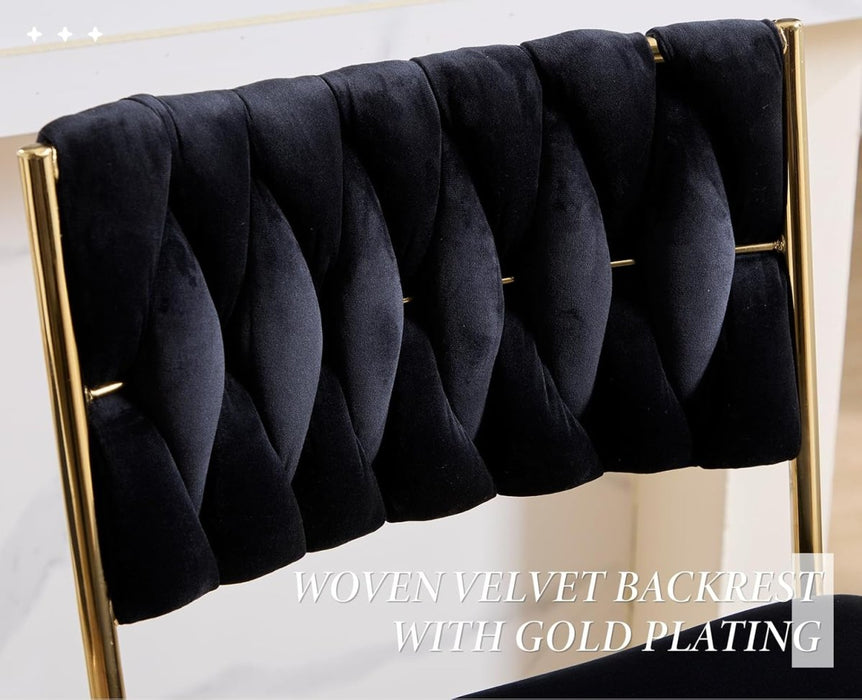 SERENITà 2x Velvet Bar Stools with Braided Back Elegant Kitchen High Chairs, Kitchen Island Stools Adjustable Height Swivel Bar Chairs with Gold Legs for Home - Black - Amazingooh Wholesale