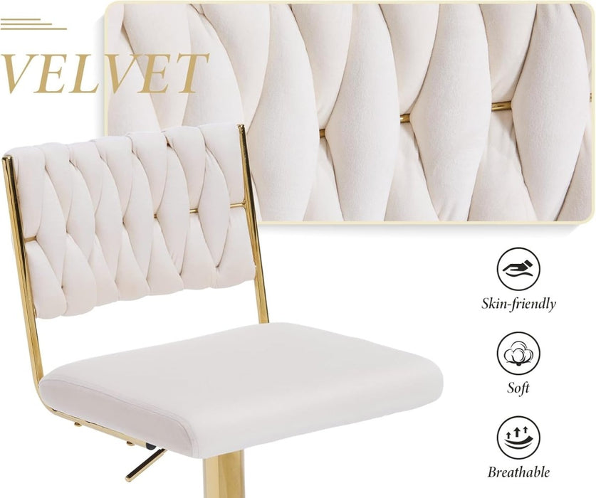 SERENITà 2x Velvet Bar Stools with Braided Back Elegant Kitchen High Chairs, Kitchen Island Stools Adjustable Height Swivel Bar Chairs with Gold Legs for Home - White - Amazingooh Wholesale