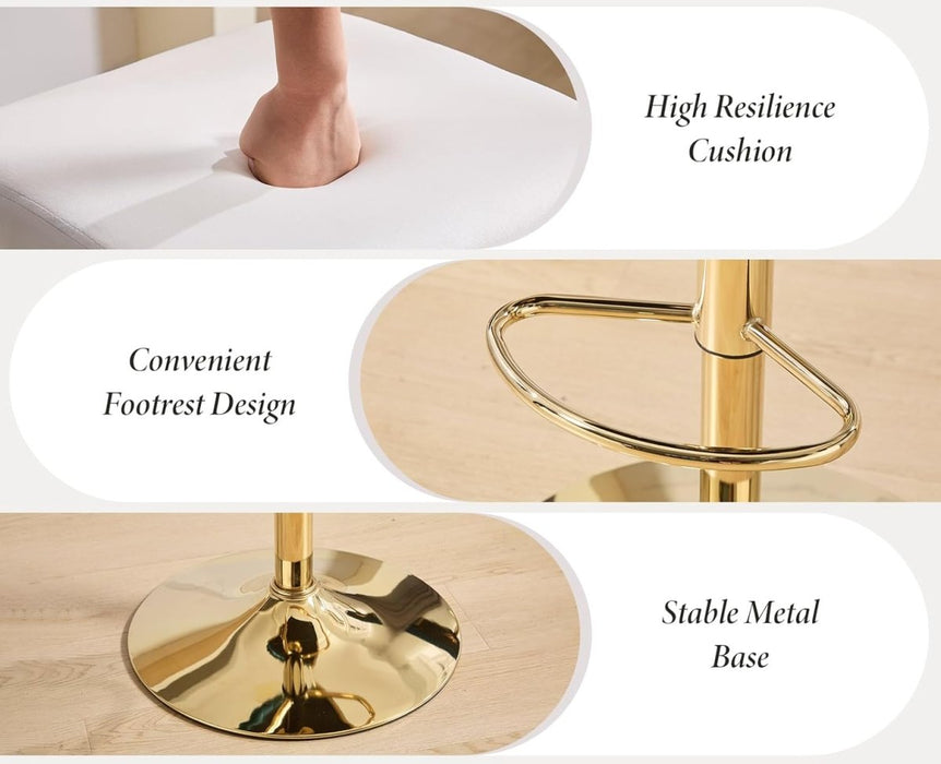 SERENITà 2x Velvet Bar Stools with Braided Back Elegant Kitchen High Chairs, Kitchen Island Stools Adjustable Height Swivel Bar Chairs with Gold Legs for Home - White - Amazingooh Wholesale