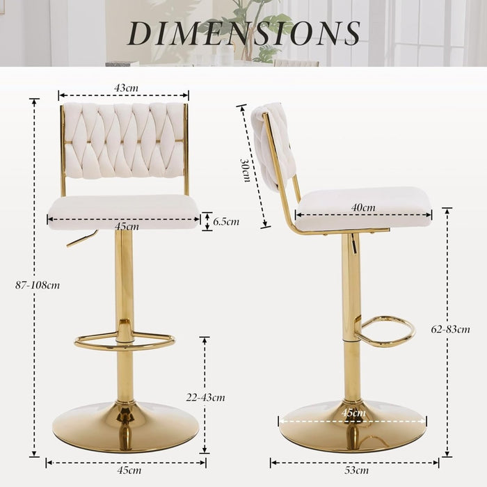 SERENITà 2x Velvet Bar Stools with Braided Back Elegant Kitchen High Chairs, Kitchen Island Stools Adjustable Height Swivel Bar Chairs with Gold Legs for Home - White - Amazingooh Wholesale
