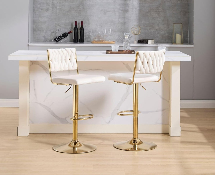 SERENITà 2x Velvet Bar Stools with Braided Back Elegant Kitchen High Chairs, Kitchen Island Stools Adjustable Height Swivel Bar Chairs with Gold Legs for Home - White - Amazingooh Wholesale