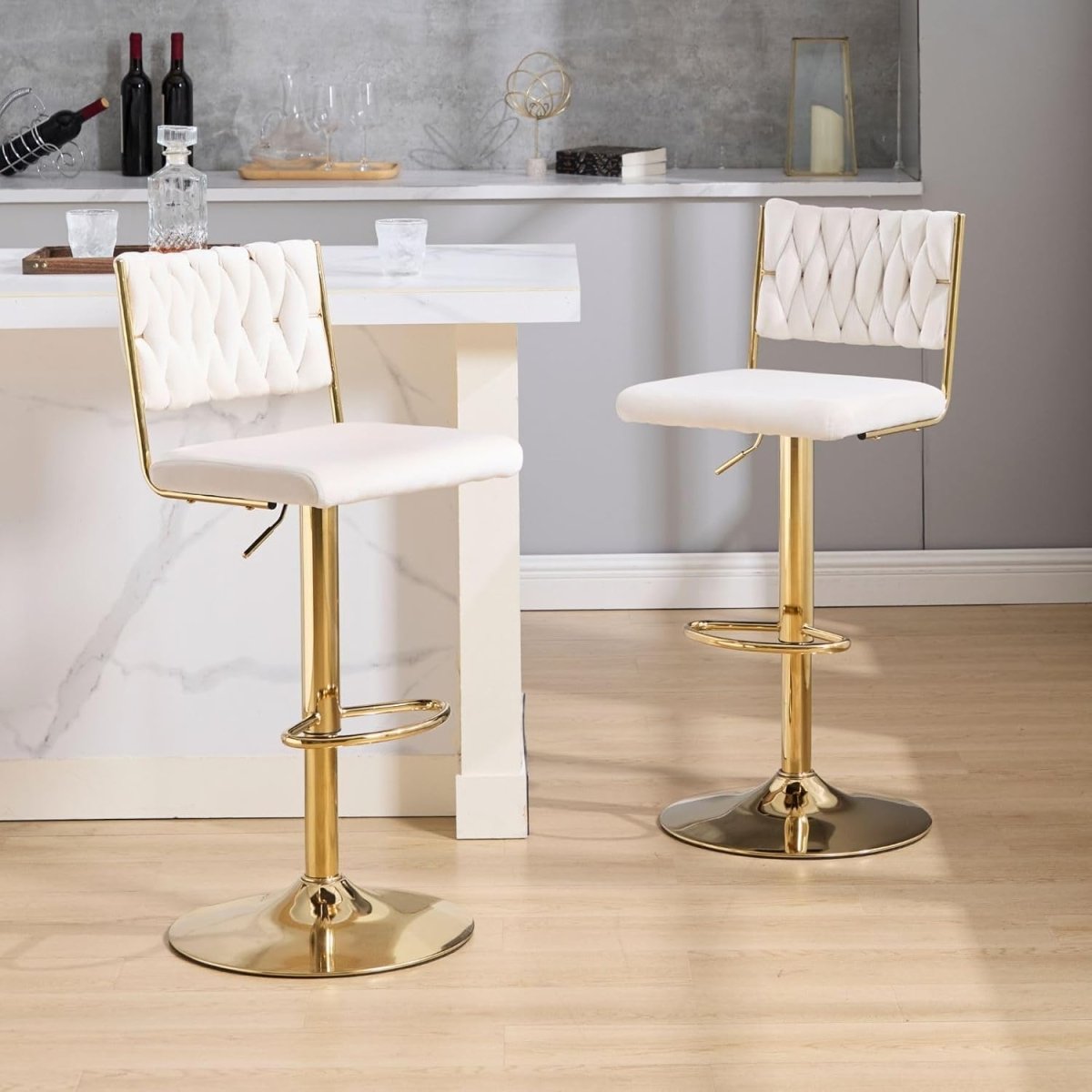 SERENITà 2x Velvet Bar Stools with Braided Back Elegant Kitchen High Chairs, Kitchen Island Stools Adjustable Height Swivel Bar Chairs with Gold Legs