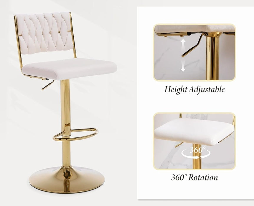 SERENITà 2x Velvet Bar Stools with Braided Back Elegant Kitchen High Chairs, Kitchen Island Stools Adjustable Height Swivel Bar Chairs with Gold Legs for Home - White - Amazingooh Wholesale