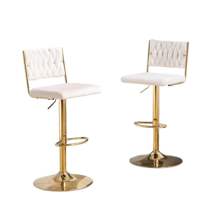 SERENITà 2x Velvet Bar Stools with Braided Back Elegant Kitchen High Chairs, Kitchen Island Stools Adjustable Height Swivel Bar Chairs with Gold Legs for Home - White - Amazingooh Wholesale