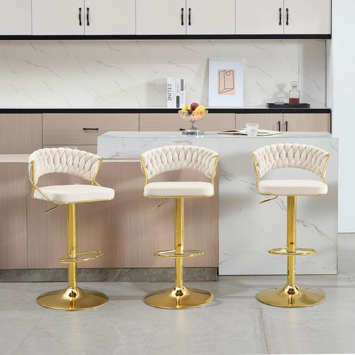 SERENITà Beige Velvet Padded Golden Round Base Barstools Chairs x 2 - Amazingooh Wholesale