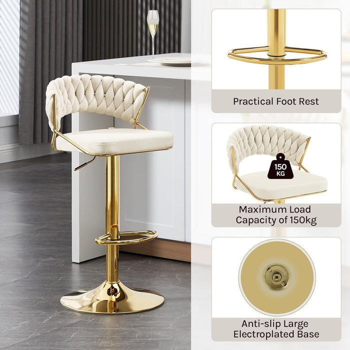 SERENITà Beige Velvet Padded Golden Round Base Barstools Chairs x 2 - Amazingooh Wholesale