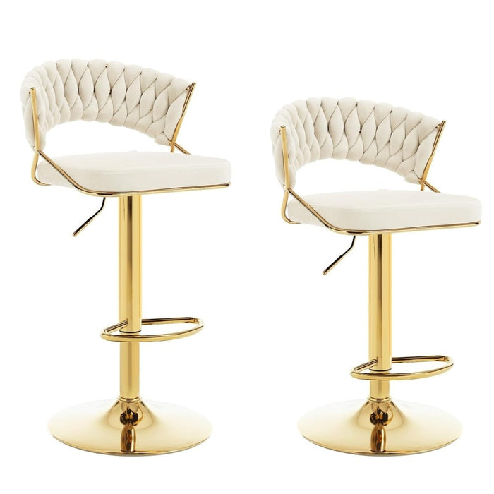 SERENITà Beige Velvet Padded Golden Round Base Barstools Chairs x 2 - Amazingooh Wholesale