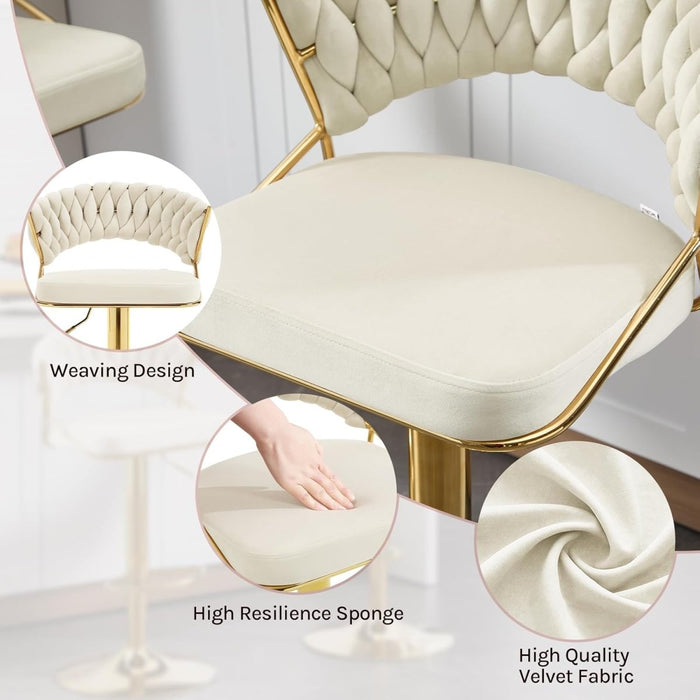 SERENITà Beige Velvet Padded Golden Round Base Barstools Chairs x 2 - Amazingooh Wholesale