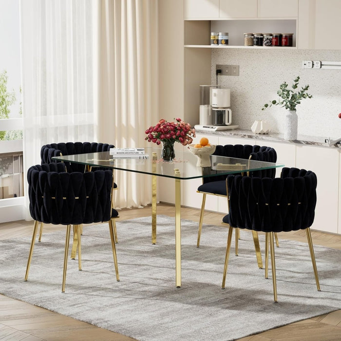 SERENITà Black Modern Hand Weaving Dining Chairs,Velvet Upholstered Side Chairs with Gold Legs, Chic Vanity Chairs with Armrest, Accent Chair for Dining Room, and Cafe Set of 2 - Amazingooh Wholesale